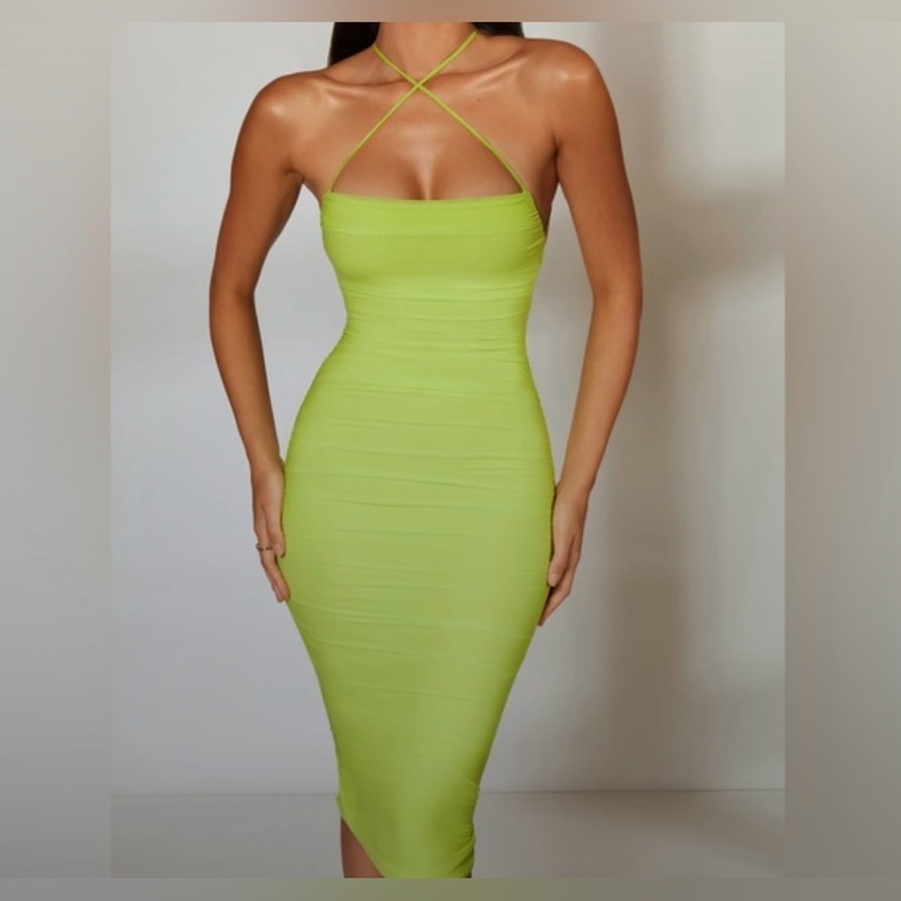 LEGACY
Front Cross Strap Ruched Midi Dress in Lime